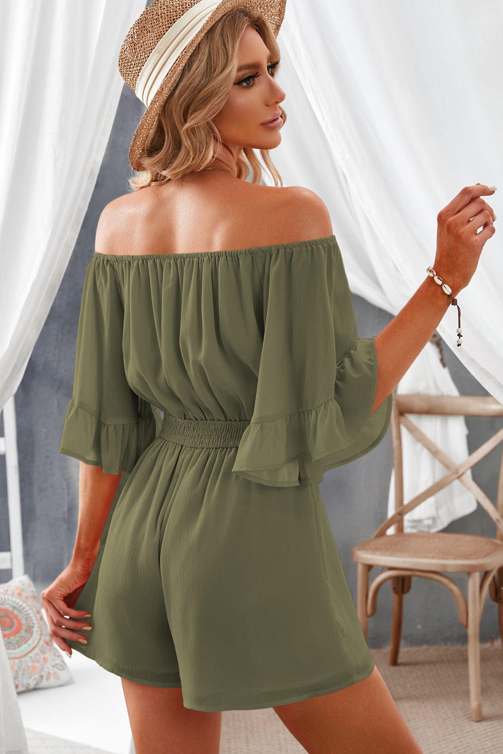 Women's Off-Shoulder Smocked Waist Romper