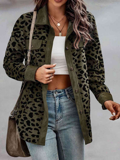 Women's Full-Size Leopard Buttoned Jacket