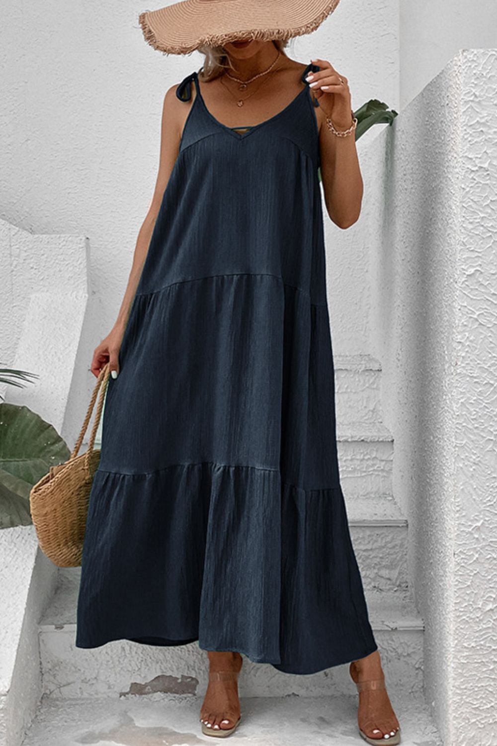 Women's Tie-Shoulder Tiered Maxi Dress