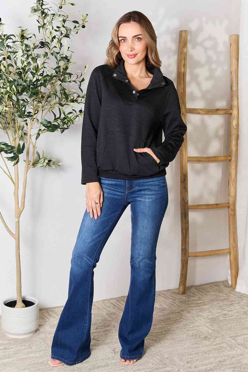 Women's Half Buttoned Sweatshirt with Pocket