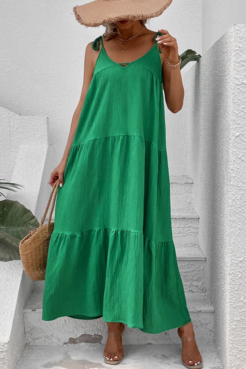 Women's Tie-Shoulder Tiered Maxi Dress