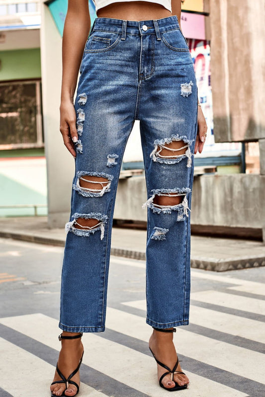 Women's Distressed Buttoned Jeans with Pockets