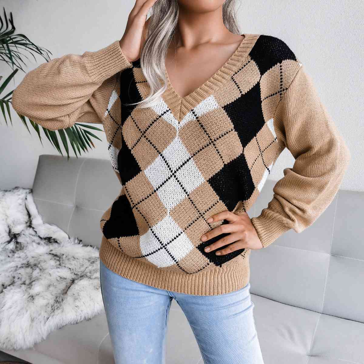 Women's Geometric V-Neck Sweater