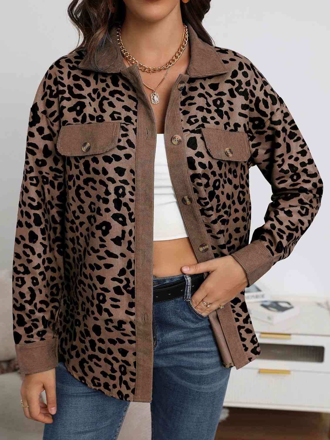 Women's Full-Size Leopard Buttoned Jacket