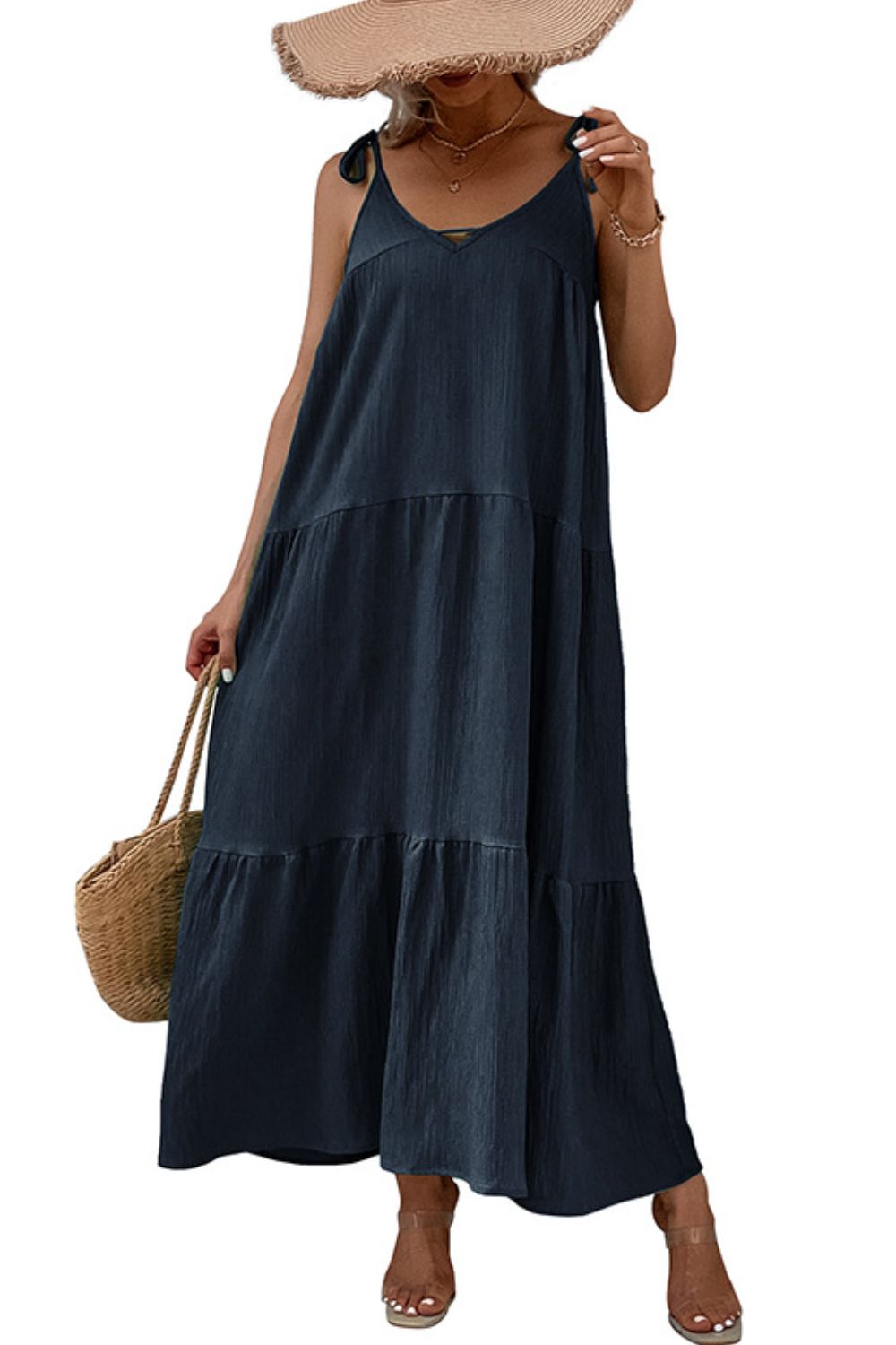 Women's Tie-Shoulder Tiered Maxi Dress