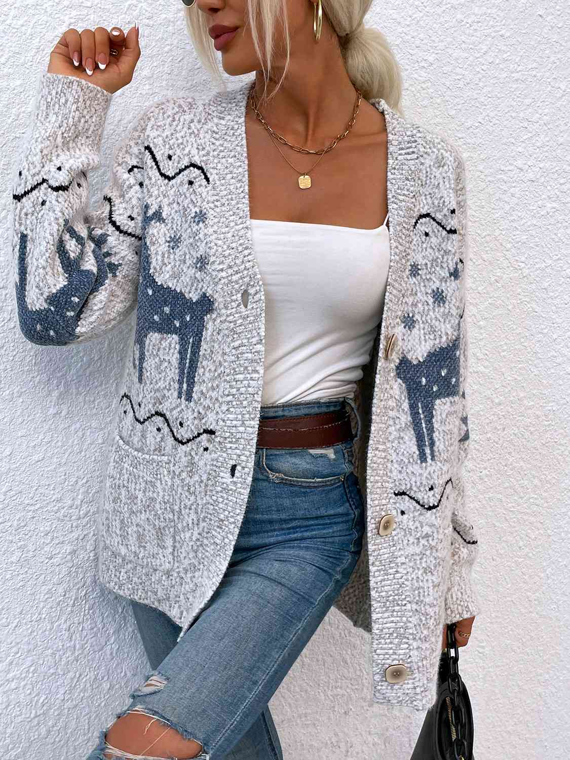 Women's Reindeer Button Down Cardigan with Pockets