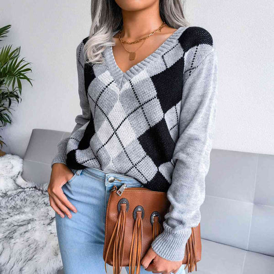 Women's Geometric V-Neck Sweater