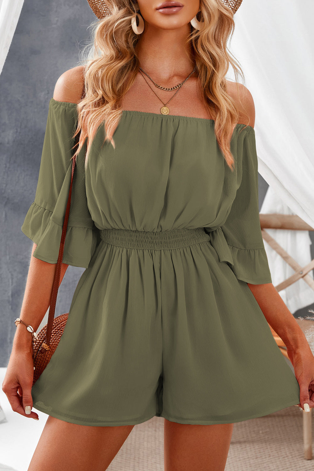 Women's Off-Shoulder Smocked Waist Romper