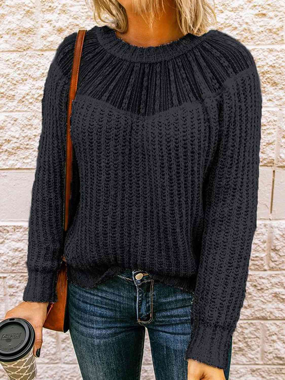 Women's Round Neck Rib-Knit Sweater