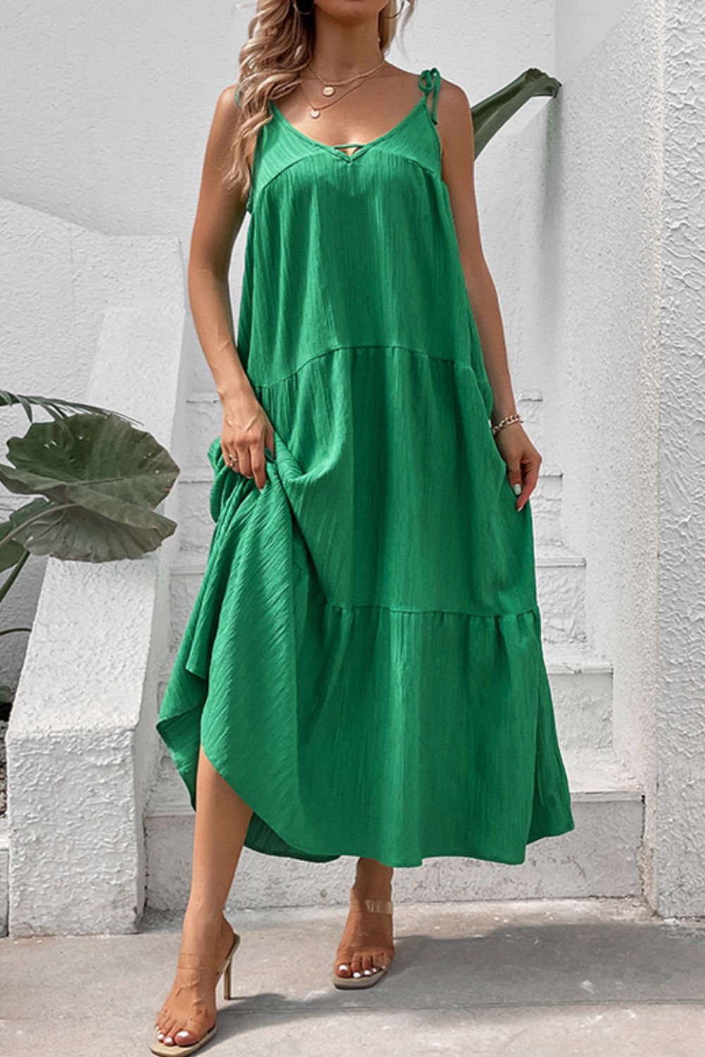 Women's Tie-Shoulder Tiered Maxi Dress