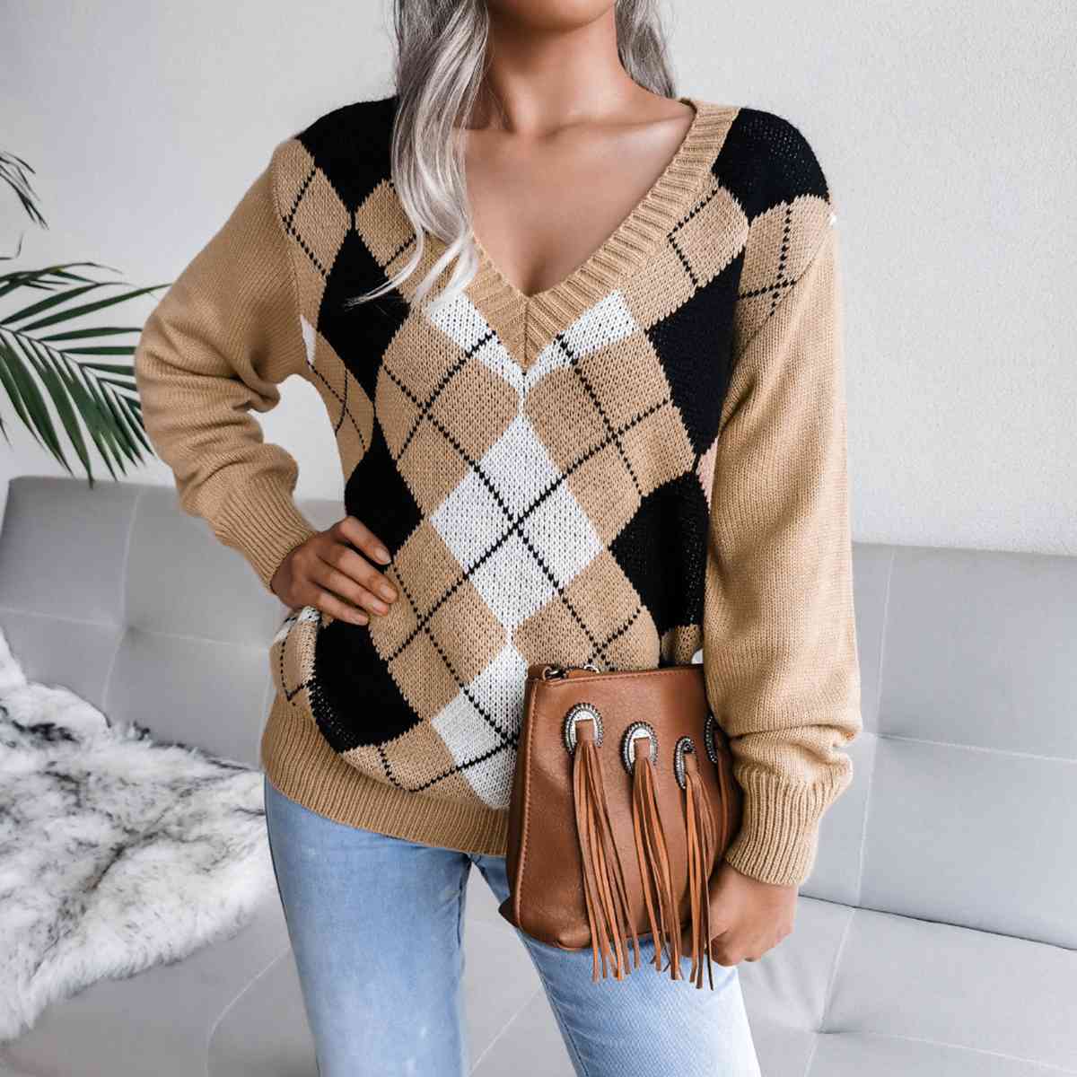 Women's Geometric V-Neck Sweater