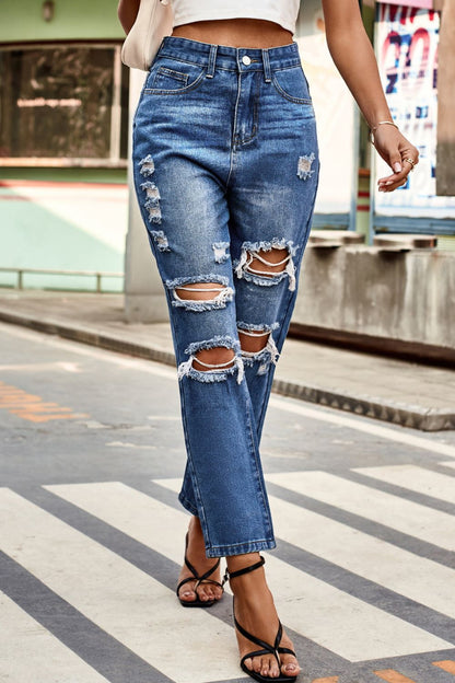 Women's Distressed Buttoned Jeans with Pockets