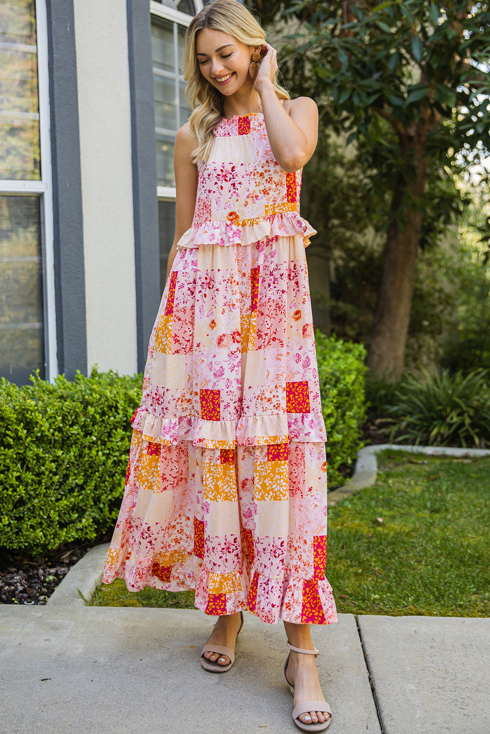 Women's Patchwork Ruffled Maxi Dress